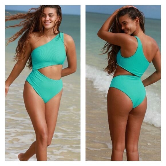 NWT Beach Riot Celine Ribbed Cut Out Swimsuit in Malibu Blue S - Picture 1 of 8